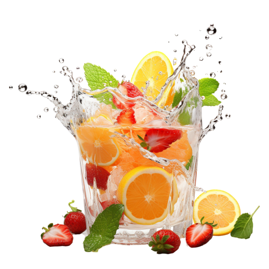 Copo com água gaseificada e frutas