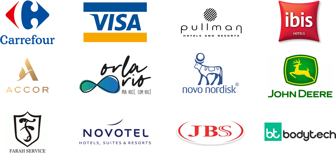 Logos das empresas parceiras: Carrefour, Visa, Pullman, Ibis, Accor, Ovla Rio, Novo Nordisk, John Deere, Farah Service, Novotel, JBS, Bodytech