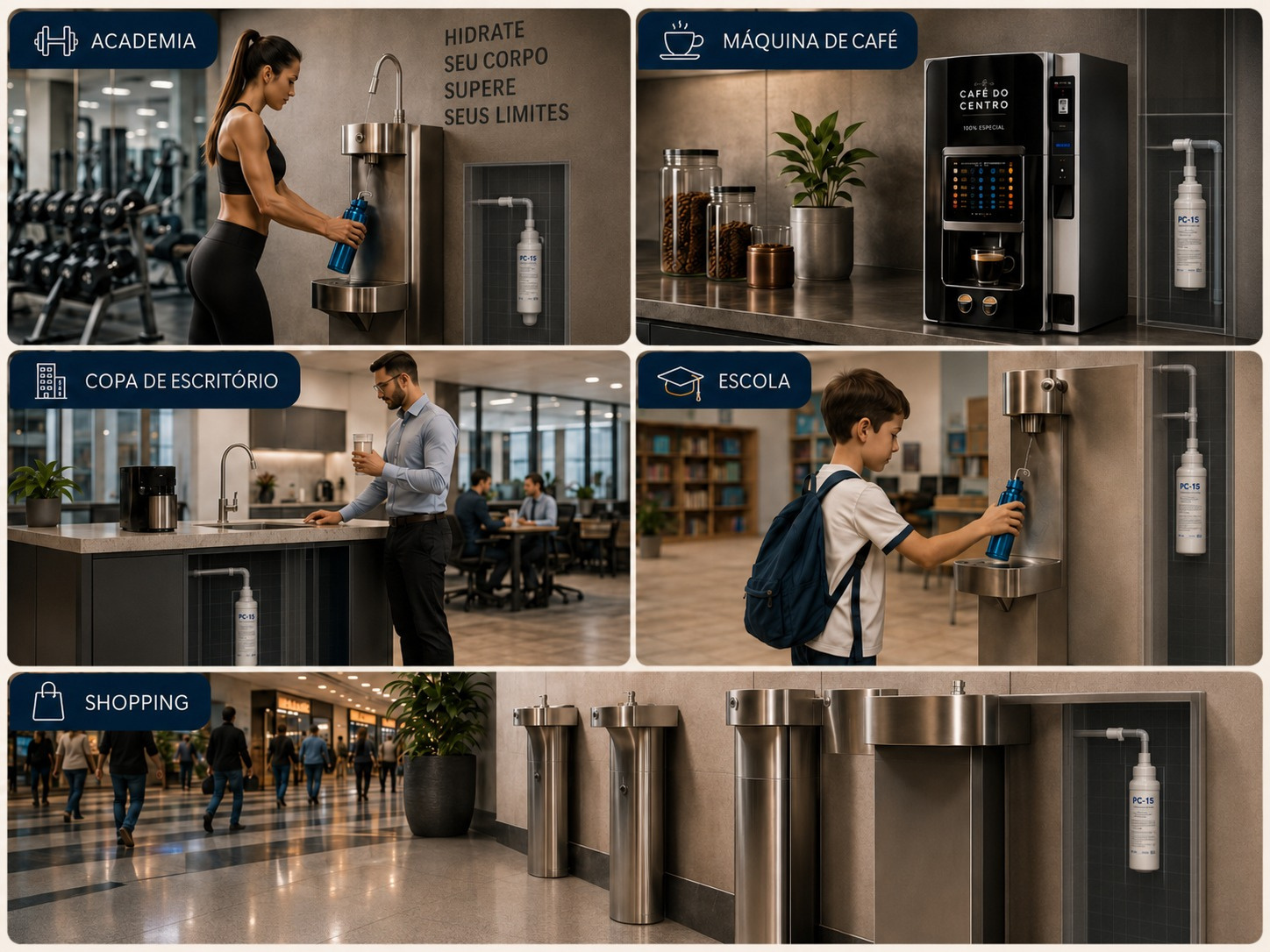 Rubinetto instalado em academia, máquina de café, copa de escritório, escola e shopping