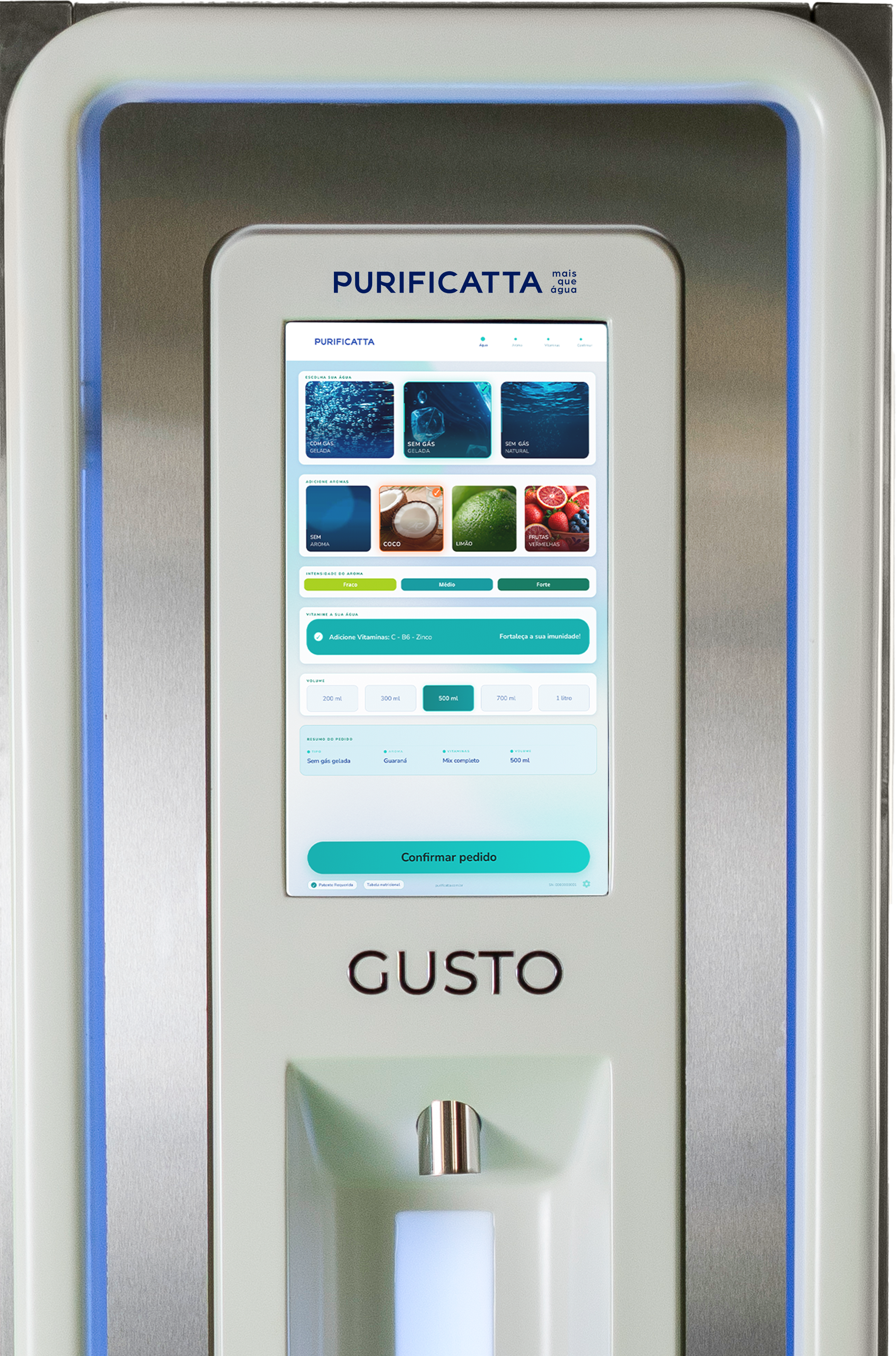 Tela da Gusto para escolha de água, aroma, vitaminas e volume